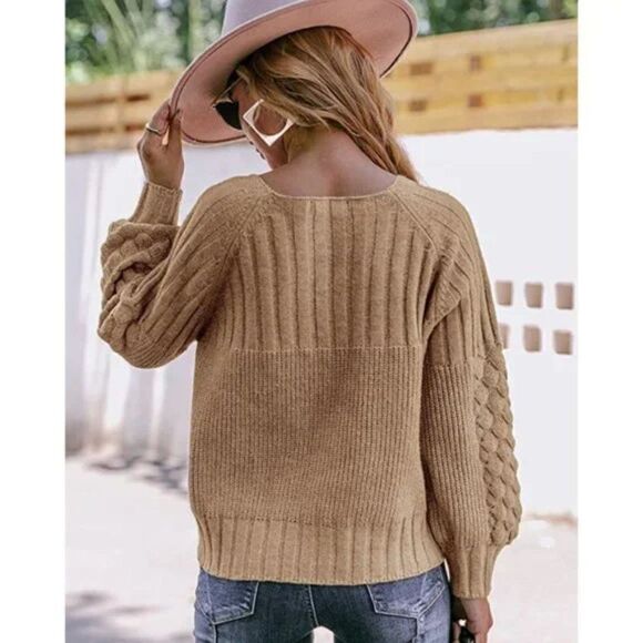 Camel Chunky Cable Knit Button Down Oversized Long Sleeve Sweater Cardigan Top - Picture 4 of 7